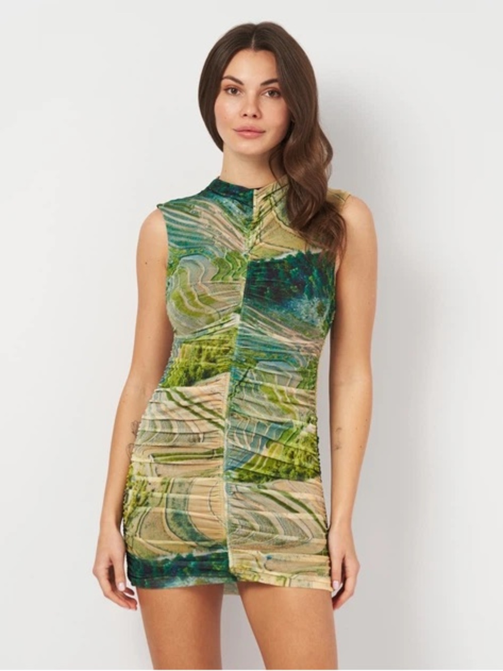 Zara Printed Tulle Ruched Mini Dress Green Blue Size M